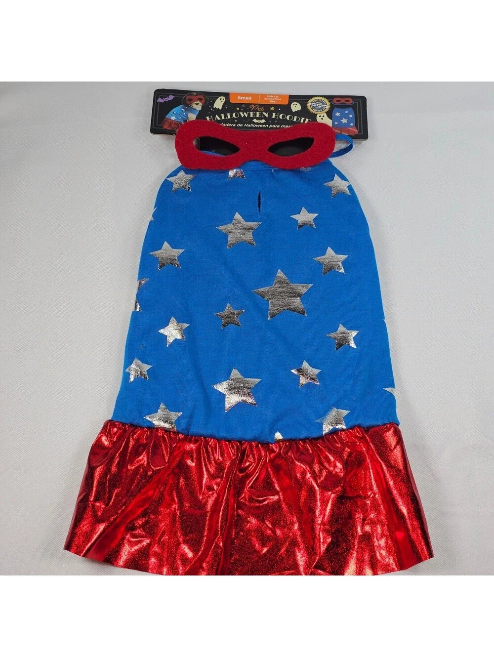 New Pet Hoodie Superhero Costume Blue Silver Stars Red Skirt Mask Small